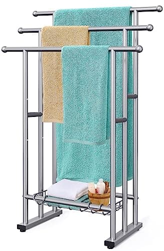 40" Tall Freestanding Towel Racks for Bathroom, 3 Tier Floor Towel Rack with Storage Basket, Blanket Ladder Drying and Display Rack for Large Bath & Hand Towel Outdoor Poolside