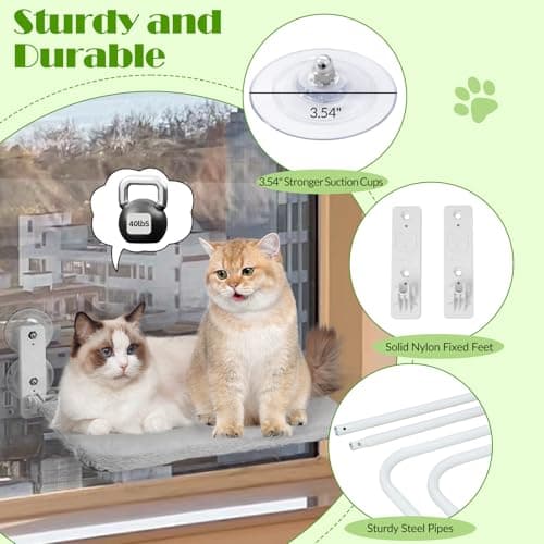 keny Cordless Cat Window Perch, Foldable Cat Window Hammock with 4 Suction Cups, Reversible Cover with Two Different Kinds of Fabrics, 40Lbs Load Capacity Sturdy Cat Window Bed for Cats Inside, Grey 5