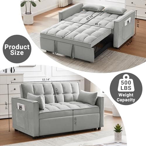 Skepphlay 3 in 1 Convertible Sofa Bed, Pull Out Couch with 3-Level Adjust Backrest, Loveseat Sleeper Recliner with Storage Pockets and 2 Pillows, Velvet Chaise Lounge for Living Room, Gray, Full Size 7