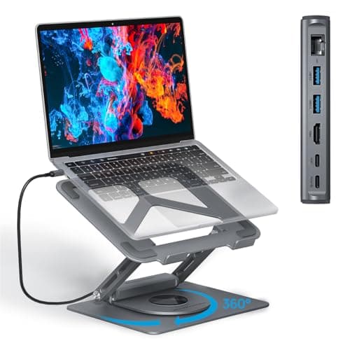Adjustable Laptop Stand with 360 Rotating Base & USB Docking Station for MacBookPro/Air/Dell/HP/Lenovo, Portable Ergonomic Laptop Riser for Desk with USB Hub 100W PD/4K HDMI/Usb3.0/1000Mbps Ethernet