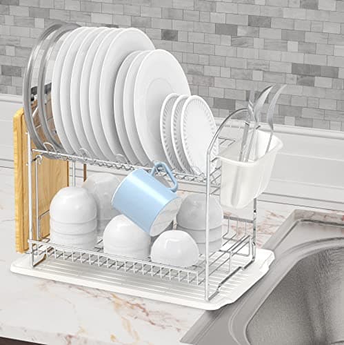 Simple Houseware 2-Tier Stainless Steel Dish Rack with Drainboard, Chrome for Kitchen 7