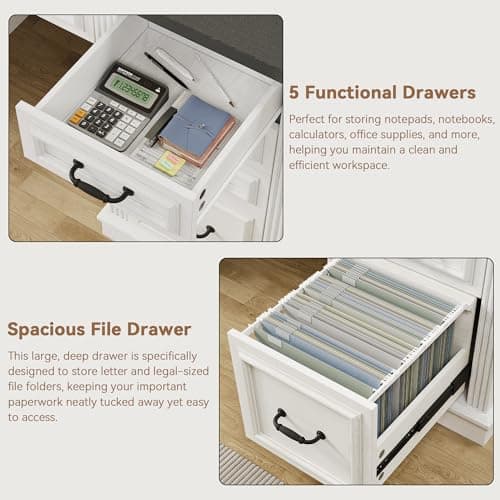 Farmhouse 57" Lift Desktop Executive Desk with 6 Drawers and Charging Station, Wood Home Office Computer Desk with File Cabinet Storage, Keyboard Tray,Headphone hook for Work,Study, Antique White 6