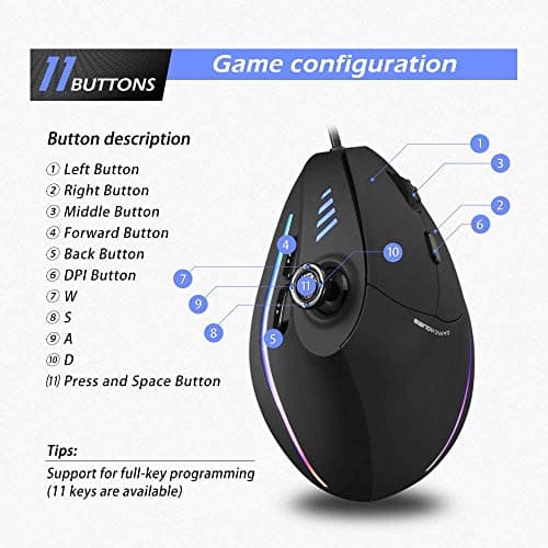 zelotes Wired Gaming Mouse with Joystick,10000DPI,11 Programmable Buttons,RGB,USB Optical Corded Vertical Ergonomic Mouse,Mice for Laptop,PC,Mac,Black 6
