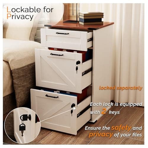 VINGLI 3 Drawer File Cabinet with Lock, Home Office Filing Organizer, for Letter Size File Folder Storage, Modern Farmhouse Style, Wood Vertical Filing Cabinet, Archivador (Rustic White & Brown) 5