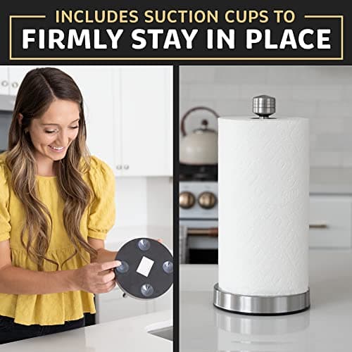 Heavy-Duty Stainless Steel Paper Towel Holder - Easy One-Handed Tear with Suction Cups - Modern Weighted Standing Countertop Dispenser for Kitchen - Holds All Paper Towel Rolls, Silver 6