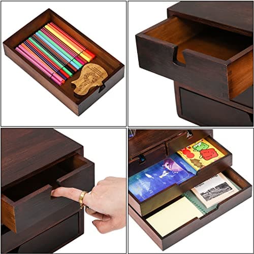 DEAYOU Bamboo Desk Organizer, 100% Natural Bamboo Desktop Drawer Organizer, Dark Brown Tabletop Storage Cabinet Organization Box with 4 Drawer for Makeup, Letter, Home, 3 Layer, Fully Assemble 7