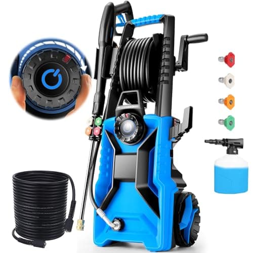 Pressure Washer 5000 PSI Adjustable Pressure, Power Wahser Powered with 33ft Pressure Hose, 4 Nozzles and 500ml Foam Cannon, Cleaner Machine for Home, Car, Blue