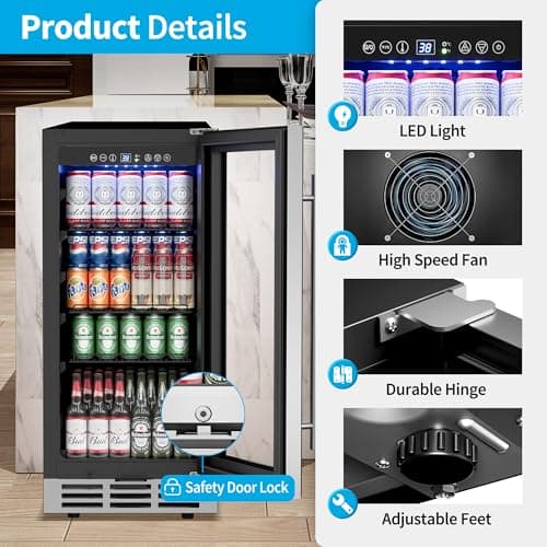 Feelfunn 15 Inch Beverage Refrigerator Under Counter - 126 Cans Beverage Fridge with Glass Door for Beer Wine Soda - Built-in or Freestanding Wine Cooler with Safety Lock for Home Kitchen Bar 7