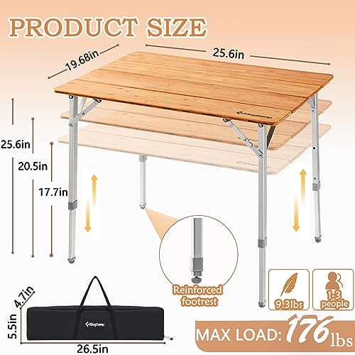 KingCamp Bamboo Folding Table Environmental Camping Table with Adjustable Height Aluminum Legs Heavy Duty 4-Folds Portable Camp Tables for Travel, Picnic, Party, Beach, 1-2 People 3