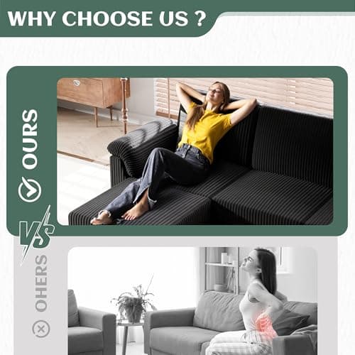 Vongrasig Convertible Sectional Couches, 3 Seat L Shaped Couch Sofa with Removable Pillows Soft Corduroy Fabric Small Couch Mid Century for Living Room, Apartment and Office Black 6