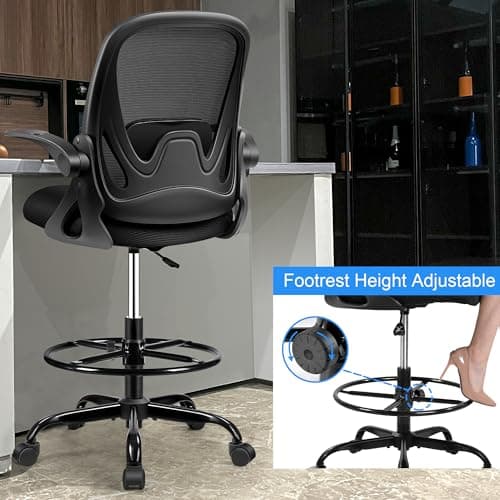 Drafting Chair Tall Office Chair with Flip-up Armrests, Adjustable Height, and Enhanced Lumbar Support - Ergonomic Rolling Stool, Back Support, and Adjustable Foot Rest Ring for Standing Desk Black 4