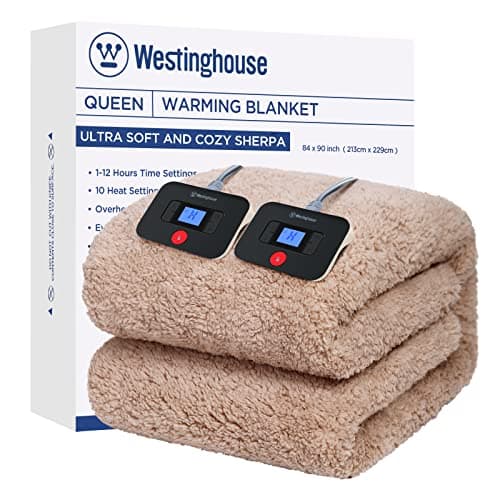 Westinghouse Electric Blanket Queen Size, Soft Plush Sherpa Heated Blanket with 10 Heating Levels & 1-12 Hours Auto-Off, Machine Washable, 84x90 inches, Camel
