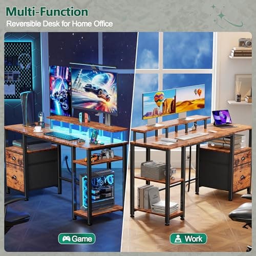 Furologee 61" Computer Desk with Power Outlet & LED Lights, Reversible Gaming Desk with File Cabinet & Monitor Stand for Home Office, Writing Study Table with Storage Shelves and Drawer, Rustic Brown 6