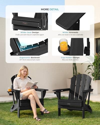 Ciokea Folding Adirondack Chair Wood Texture for Patio, Weather Resistant, Plastic Fire Pit Chair with Cup Holder, Lawn Chair for Outdoor Porch Garden Backyard Deck (Black) 7