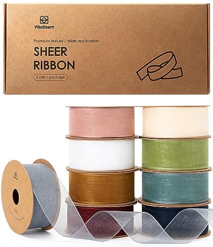 Vitalizart 1" x 90Yd Organza Ribbon Mixed Color Sheer Ribbons Set 10 Yd x 9 Rolls Handmade for Gift Wrapping Christmas Tree Crafts Bows Wedding Invitations Wreaths Wrap