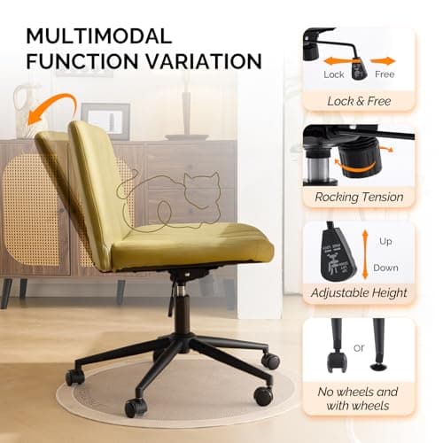 VINGLI Criss Cross Legged Chair,Wide Comfy Office Desk Chair,Dual-Use with/no Wheels Computer Task Chair,Swivel Armless Vanity Rolling Chair for Study,Make Up,Home Office,Cat Scratch PU,Avocado Green 6