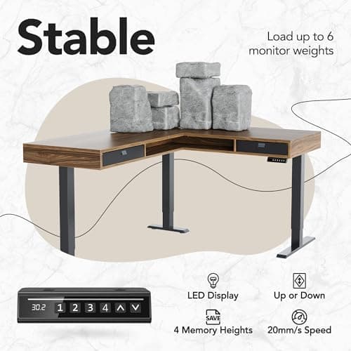 HUANUO Electric L Shaped Standing Desk, 63″x55″ Height Adjustable Corner Computer Desk with 2 Under Desk Drawers & Open Storage Sapce, Sit Stand Up Table with Power Strip Tray & Cable Grommets, Walnut 7