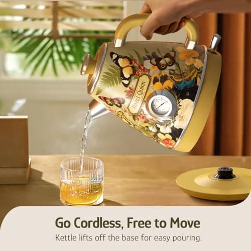 Hazel Quinn X Eduardo Recife Electric Kettle - 1200W Fast Water Boiling, 1.7L/57oz, All 304 Stainless Steel Interior, BPA-Free, Auto Shut-Off, Cordless Retro Teapot with Thermometer - Floral Patterned 5