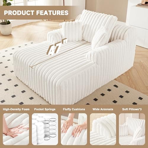Mangodan 63" Oversized Chaise Lounge Chair Indoor, Boneless Couch Chair with 3 Pillows, Comfy Reading Chair with Wide Arms, No Assembly Required Corduroy Couch, Sleeper Sofa for Living Room, Beige 5