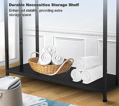 AnBaiMei Extra Large Free Standing Towel Rack with Metal Storage Shelf & 6 Hooks for Bathroom, 3 Tiers Heavy Duty Blanket Drying Stand Holder for Outdoor Pool, Bedroom, Living Room, Black 5