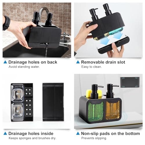 Kitchen Soap Dispenser Set, with Hand and Dish Soap, Sponge Caddy and Brush Holder 4-in-1 Kitchen Dual Soap Dispenser Set for Kitchen Sink, Bathroom - Black 5