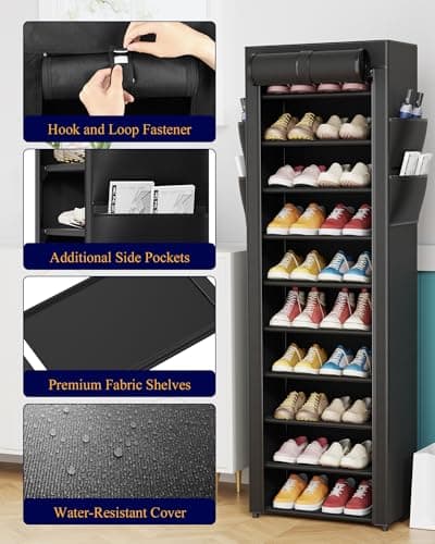 Kitsure Shoe Rack - 10-Tier Large Capacity Shoe Organizer Shelf with Dust Cover & Side Pockets, Rust-Proof Metal Shoe Rack for Closet, Entrance, Living Room, 17.5" x 12.4" x 69.3", Black 5