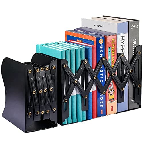 2PCS Adjustable Bookends, Metal Book Ends for Heavy Book, 2 Dividers, Nonslip Book Stander for Desk, Shelf, Office, Stationery Gift, Extends up to 19 inches (Black)