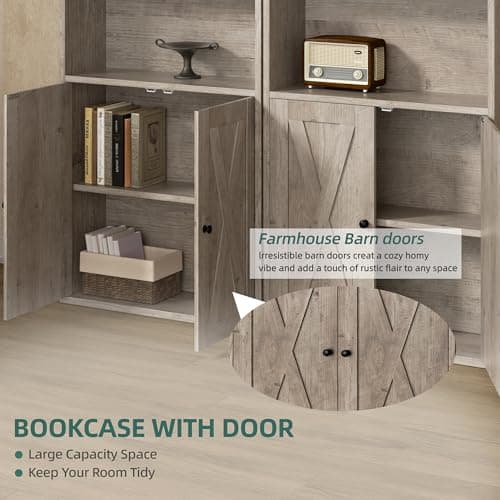 Shintenchi Bookshelf, Industrial Bookshelves and Bookcases with Doors Floor Standing 6 Shelf Display Storage Shelves 70.6 inches Tall Bookcase for Home Office, Living Room (Grey) 6
