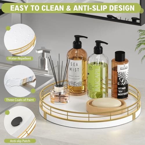 Round Wooden Decorative Tray for Coffee Table Kitchen Dining Table Decor - Rustic Farmhouse Wood Centerpiece Display Tray for Living Room Decor, Perfume, Plant,Bathroom Accessories (10" White Gold) 4