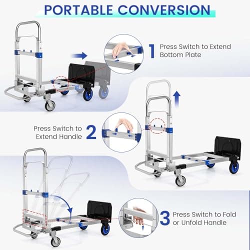 Upgraded 3 in 1 Aluminum Folding Hand Truck, 600 lbs Convertible Heavy Duty Dolly Cart, Collapsible Hand Trucks with 4 Rubber Wheels and Retractable Handle for Home, Warehouse, Supermarket(Blue) 7