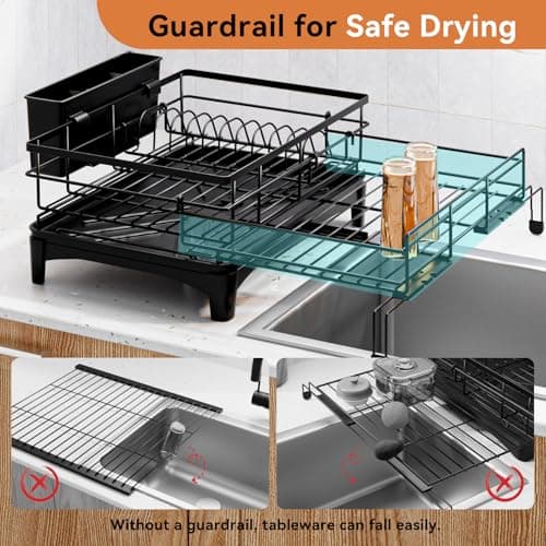 Laveshop Dish Drying Rack - Expandable Rack, Large Capacity Dish Drainer for Kitchen Counter, Rust-Proof with Utensil Holder, Black 4