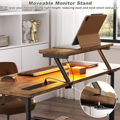 Height Adjustable Standing Desk with Power Outlets and LED Lights - 39" Manual Stand Up Desk with Monitor Stand and Storage Shelves Small Mobile Rolling Computer Desk Portable Laptop Table, Rustic 7