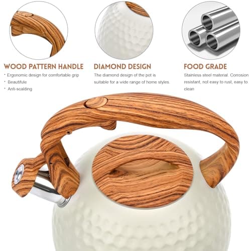 GGC Tea Kettle for Stove Top, Loud Whistling Kettle for Boiling Water Coffee or Milk, 3.1 Quart 3L Heavy Stainless Steel White Kettles with Wood Pattern Handle, Unique Button Control Kettle Outle 2