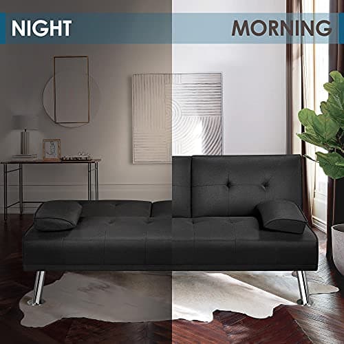 Yaheetech Linen Fabric Modern Sofa Bed Futon Couch Bed Folding Recliner Sleeper Reversible Loveseat Convertible Daybed, 2 Cup Holders, 3 Angles, 772lb Capacity, Removable Armrests, Black 5