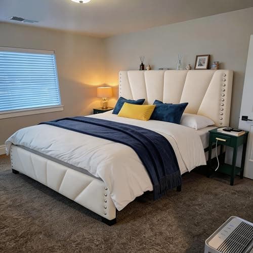 EnHomee King Size Bed Frame, Velvet Bed Frame with Headboard and Led Light, Platform Bed Frame for Bedroom Apartment, Dorm, Noise-Free, Easy Assembly, Beige 6