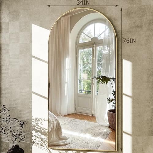 GLSLAND-34x76 inch Wall Mount Arched Full Length Mirror-Aluminum Alloy Frame High Definition-Full Body Mirror for Bedroom or Living Room,Gold 7