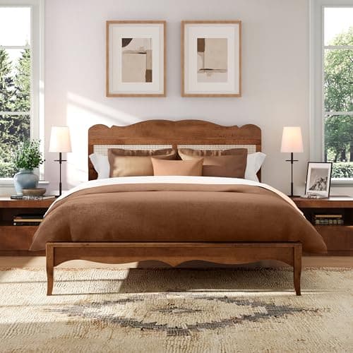 MFSTUDIO Queen Wood Bed Frame with Headboard, Rattan Bed Frames Solid Wooden Platform Bedframe Mid Century,No Box Spring Needed,Sturdy Natural Finish Classic Noise Free