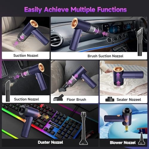 YTENCM 16000PA Cordless Handheld Vacuum, 4-in-1 Portable Car Vacuum Cleaner, Air Duster, Blower, Pump, Mini Vacuum Cleaner Rechargeable & Lightweight for Car, Home, Office, Pet Hair (Purple) 6