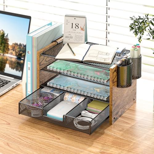 3IngSeagulls Wooden Desk Organizers and Accessories with File Holder, 4-Tier Paper File Organizer with Drawer & 2 Pen Holders, Office Desk Accessories, Desktop Organizer and Storage for Home Office 6