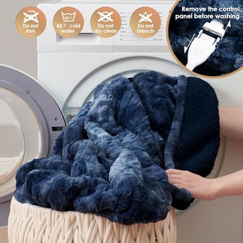 EHEYCIGA Electric Heated Blanket Throw Faux Fur, 10 Hours Auto Shut Off 9 Heating Levels Heating Blanket Throw, Soft Warm Heated Blanket Fast Heating Navy Blue, Faux Fur & Sherpa 8