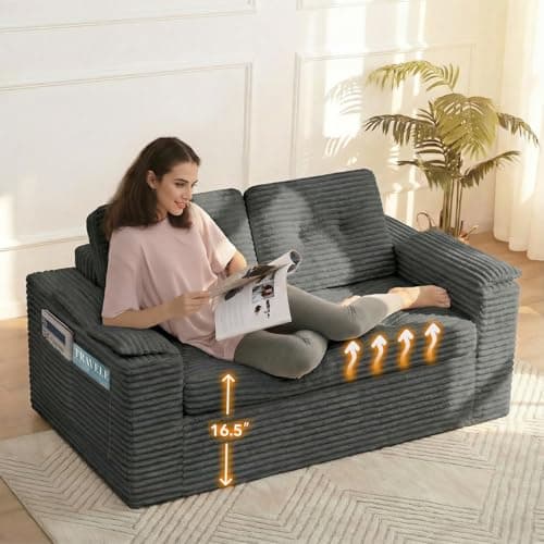 Fabulcozy Loveseat Sofa, Boneless Cloud Couch for Living Room 2 Seater Modern Lounge Sleeper Couch with Removable Cover Corduroy Sofa with Armrest, Seat Cushion & Pillows for Small Spaces, Dark Grey 7