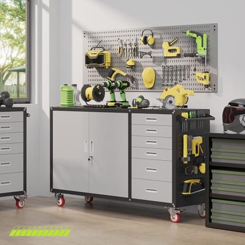 Rumetol 55"W Heavy Duty Rolling Workbench with Drawers and Storage,1000 LBS Capacity Work Bench with Lockable Cabinet & Adjustable Shelf,Garage Workbench with Pegboard & Wheels for Garage/Repair Shop 9