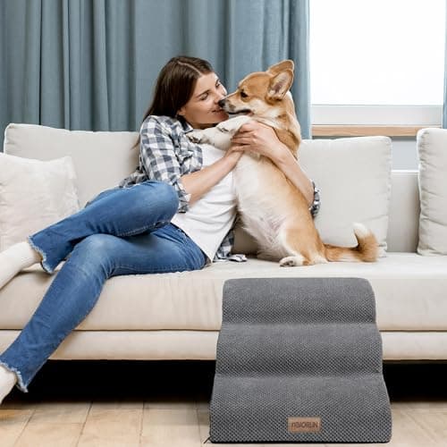 Dog Stairs Ramp for Bed and Couch Up to 17", Slope 3-Step Foam Steps for Pets to get on Sofa, Puppy Ladder with Washable Cover and Balanced Non-Slip Base, Ideal for Older Cats 6