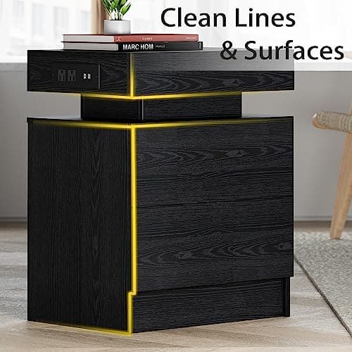 LIKIMIO Night Stand with Charging Station, Modern Black Nightstand with LED Light and Drawers, Bedside Tables/End Table for Bedroom 7