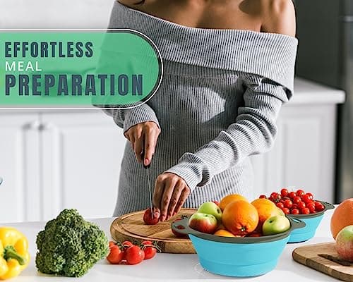 Ultimate Kitchen Strainers Set of 2 - Collapsible Silicone Colanders for Easy Storage by Comfify - Use with Pasta & Veggies or as a Fruit or Berry Bowl with Strainer - Irreplaceable for Campers - Blue 8