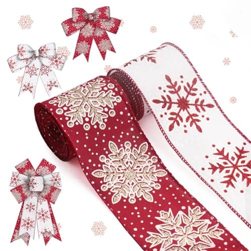 ALIBBON 2 Rolls 2.5" × 5 Yd Merry Christmas Ribbon Snowflake Wired Ribbons Glitter Gold Red White Ribbon for Christmas Wreath DIY Crafting Gifts Wrapping Xmas Party Decoration