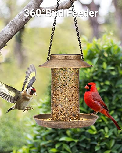 SWEETFULL Solar Bird Feeder for Outdoors Hanging, Metal Wild Bird Feeder for Cardinals Solar Garden Lantern with S Hook as Gift for Bird Lovers (2LBs Heavy Duty birdfeeders) 5