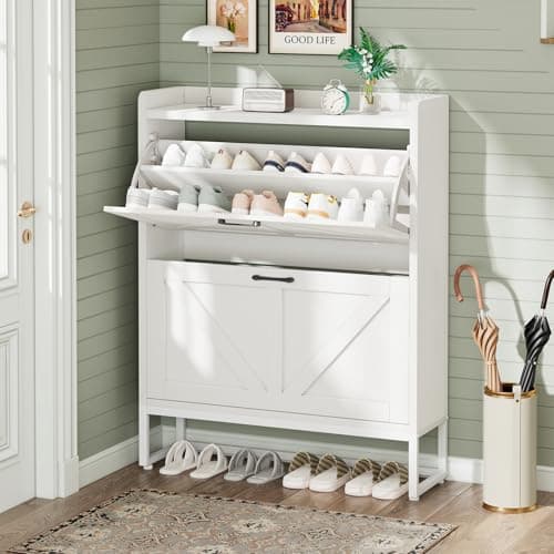 GRUSIGN Shoe Cabinet, Shoe Storage Cabinet with 2 Flip Drawers & Adjustable Shelf, Space-Saving Shoe Organizer – Holds 16+ Pairs, Narrow Shoe Cabinet Storage for Entryway/Hallway(Ivory )