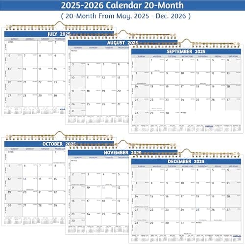 Wall Calendar 2025-2026 – Calendar 2025-2026 Wall, Run Now to Dec 2026, 11 x 8.5 In, 20 Monthly Calendar, with Twin-wire Binding, Yearly Overview, Julian Dates, Thick Paper, Holidays, ＆ Notes, Blue 5