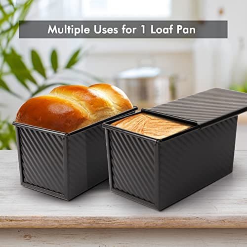 Beasea Pullman Loaf Pan with Lid, 2 Pack 1 lb Non-Stick Black Bread Loaf Pans for Homemade Bread Carbon Steel Toast Box with Cover for Bakeware Toast Oven Baking 6